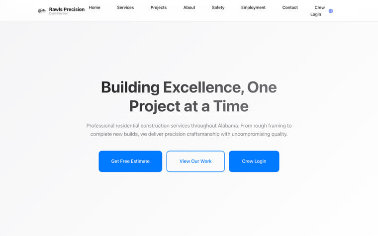 The Rawls Precision Construction homepage as it appears today.